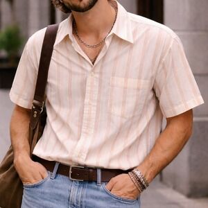 Vintage Arrow Kent Mens Short Sleeve Button Down Shirt Orange Stripe L